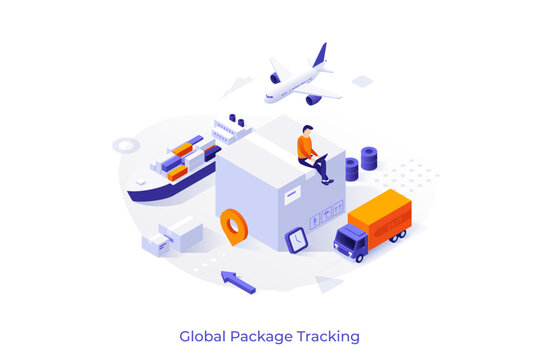 Conceptual template with person sitting on top of parcel, aircraft, truck, ship. Scene for global package tracking, international cargo transportation. Isometric vector illustration for webpage.