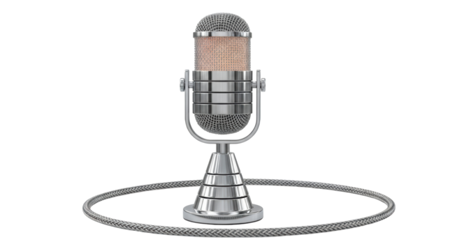 Classic chrome vintage microphone with coiled cable, 3d render isolated on transparent background