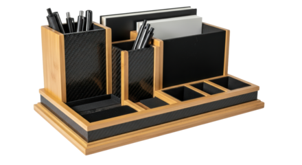 Stylish bamboo and black office desk organizer for stationery isolated on transparent background
