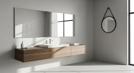 Modern Minimalist Bathroom Vanity with Large Mirror and Round Wall Mirror in Bright Natural Light