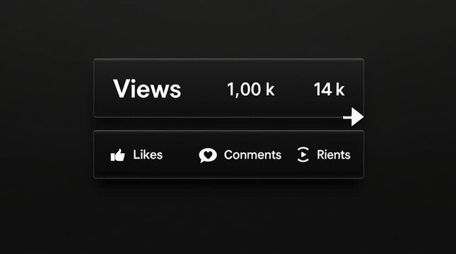 Clean minimalist UI elements for a digital video overlay, showing animated counters for Views, Likes, and Comments with simple icons, modern sans-serif typography, and white text on a dark transparent