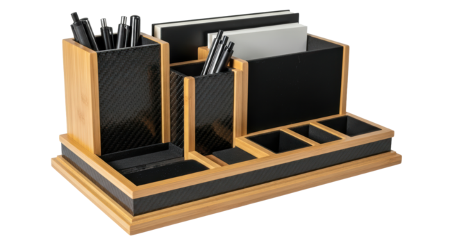Stylish bamboo and black office desk organizer for stationery isolated on transparent background