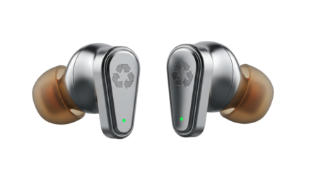 Eco-conscious wireless earbuds with recycle symbol and green led isolated on transparent background