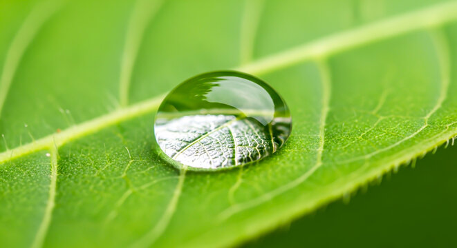 Close up of water droplet on a vibrant green leaf in natural light , ai generated image - Powered by Adobe