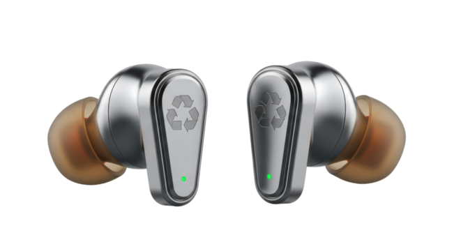Eco-conscious wireless earbuds with recycle symbol and green led isolated on transparent background