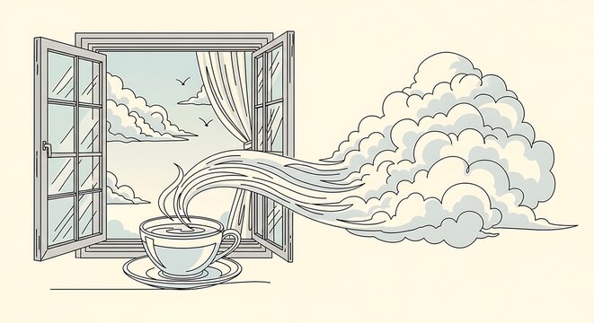 Dreamy morning coffee inspiration with open window, breezy clouds, and fresh air for a peaceful start to the day, perfect for wellness campaigns