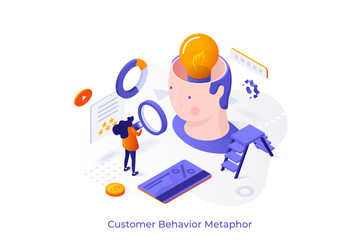 Conceptual template with woman looking at human head with lightbulb inside through magnifier. Scene for studying customer behavior, research of consumer preferences. Isometric vector illustration.