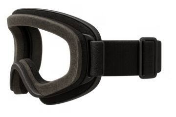 Black ski goggle showing foam padding and adjustable strap, essential protective gear for winter sports on transparent background