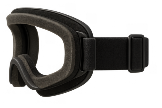 Black ski goggle showing foam padding and adjustable strap, essential protective gear for winter sports on transparent background