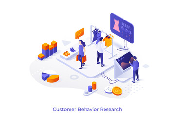 Conceptual template with researcher looking at dashboard connected to store with people buying clothes. Scene for studying customer behavior, habits and experience. Isometric vector illustration.