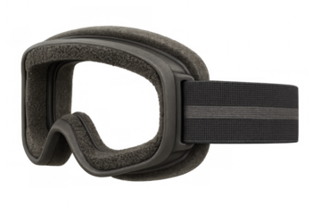 Pair of dark gray ski goggles with a strap and soft foam padding, designed for winter extreme sports