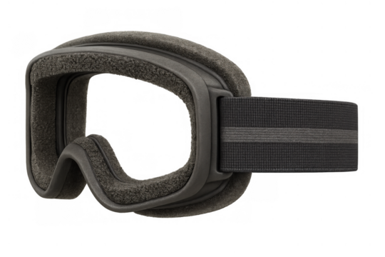 Pair of dark gray ski goggles with a strap and soft foam padding, designed for winter extreme sports