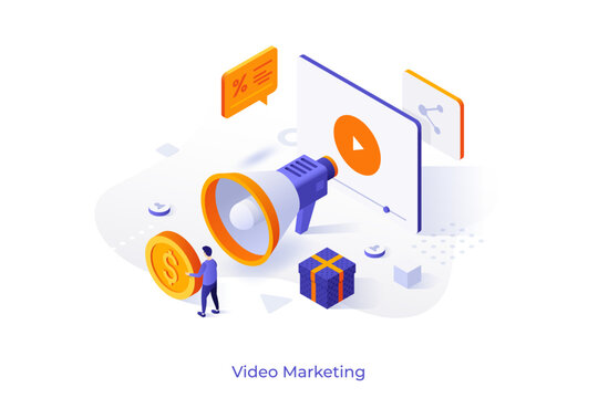 Video Marketing conceptual template. Engage new customers with visual advertisement. Promotional agency business website design. 3d creative vector illustration for web page development