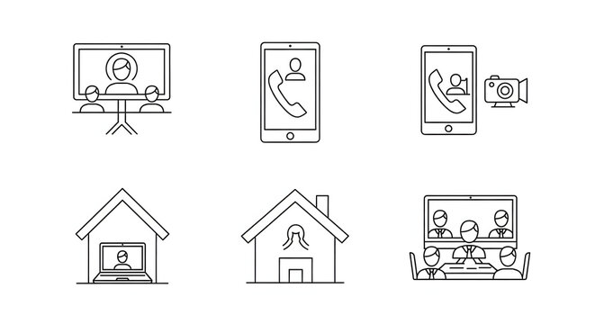 Digital Connection and Interaction: A collection of simple line drawings illustrating communication across technological devices. Featuring a video conference on a monitor.
