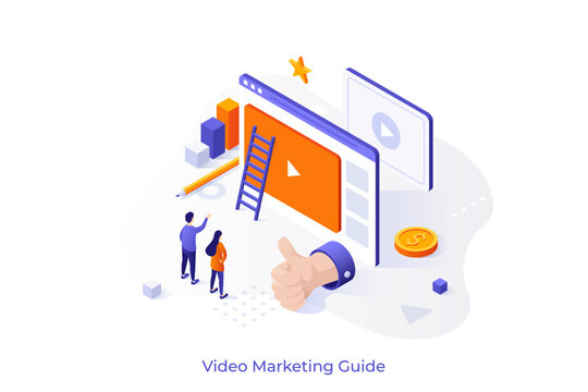Ultimate Guide to Video Marketing conceptual template. Online course of advertisement creation. Promotional agency website design. 3d creative vector illustration for app development