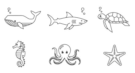 Fototapeta premium Oceanic Wonders: A captivating collection of intricately designed line art, featuring a diverse array of marine life in a monochrome palette, perfect for coloring or illustrating ocean theme projects.