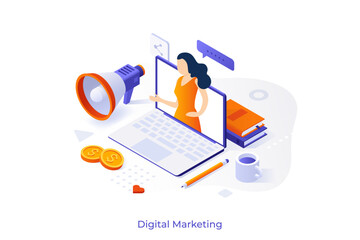 Digital Marketing Essentials isometric conceptual template. Online course for advertisement specialists and entrepreneurs. Business promotion site. 3d vector illustration for apps development