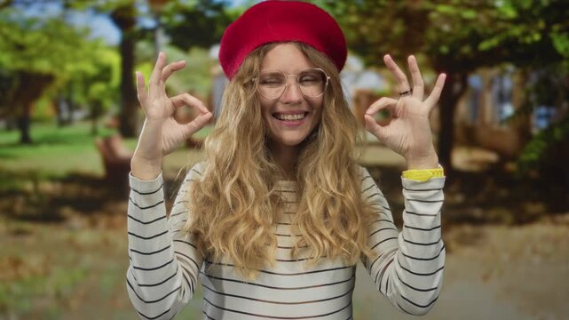 Woman bringing hands ok sign in park complement blonde young style with glasses smile under beret in casual mood.