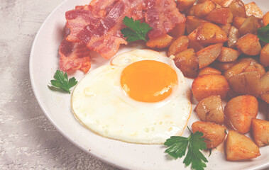 Polish breakfast, fried potatoes, with egg and bacon, homemade, no people, breakfast,