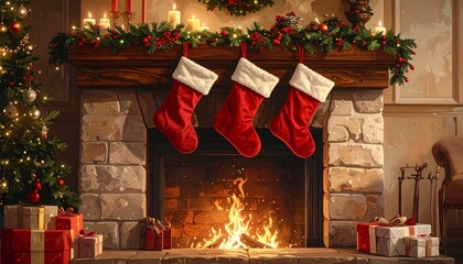 A warm and inviting holiday scene with three red stockings hanging from a festive fireplace mantel on a cozy Christmas Eve