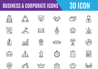 Business and corporate Outline icon set. Business, team, document, company, chart, analysis, Editable stroke outline