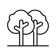 Two stylized trees with round canopies and simple trunks stand on a flat ground line