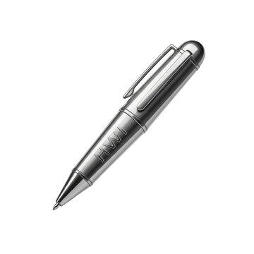 Close-up of a Silver Ballpoint Pen with Engraved Initials HWI on a Black Background writing instrument