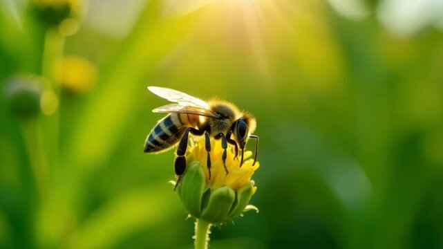 A close-up of a honeybee collecting nectar from a yellow flower. The background is blurred with green foliage and sunlight filtering through.