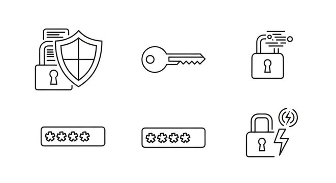 Cybersecurity Symbols: Modern line art illustrations of essential cybersecurity symbols. Representing crucial elements, such as shields, keys, and padlocks.