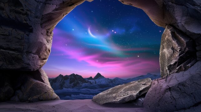 Stunning Cave View with Breathtaking Aurora and Starry Night Sky Over Majestic Mountains