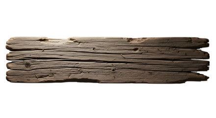 Weathered wooden plank with deep grain texture isolated on transparent background