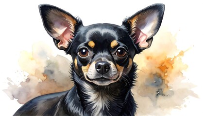 A charming close-up of a small, alert dog with a smooth black coat, tan markings, and expressive brown eyes