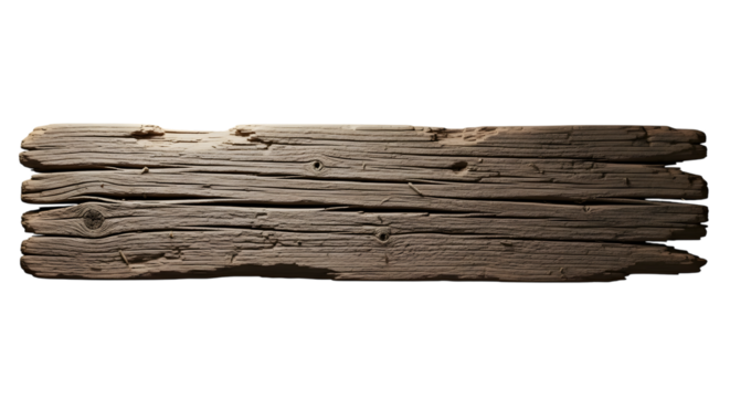 Weathered wooden plank with deep grain texture isolated on transparent background