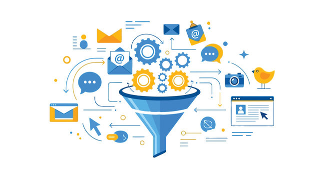 Abstract illustration of automated marketing workflow  email icons, chatbot bubbles, funnel shapes, gears connecting different digital tools, clean vector.