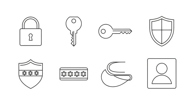 Digital Fortress: A collection of security-themed icons, representing key elements of digital protection, safeguarding data with lock, key, password, and shield imagery.