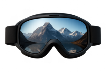 Ski goggles reflecting a clear alpine mountain lake landscape with snow-capped peaks and blue sky, transparent background