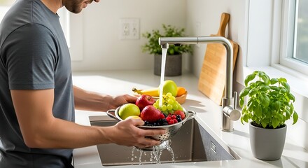 Man Washing Fresh Fruit in Modern Kitchen with Natural Light