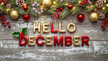 Hello December greeting with red gold Christmas decoration on old wooden background. Winter holidays concept.	
