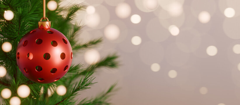 Red christmas pickleball ball ornament hanging on pine branch with festive bokeh lights background. 3d rendering - Powered by Adobe