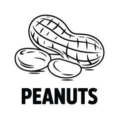Simple black and white line drawing of peanuts with the word peanuts
