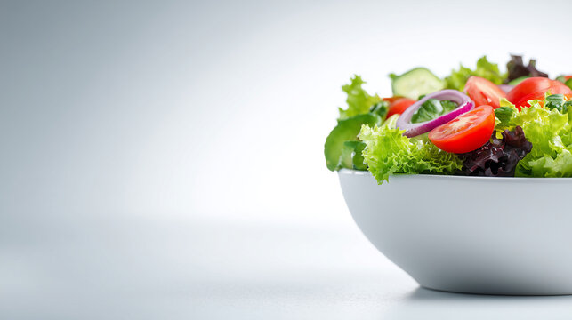 Fresh salad in a white bowl with tomatoes and greens on a bright surface, minimalist healthy meal concept with modern clean composition.
