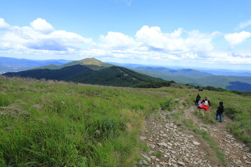 Group of tourist hiking in Bieszczady Mountains, Poland