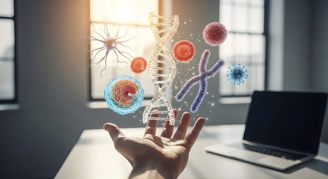 hand holding laptop cells and DNA