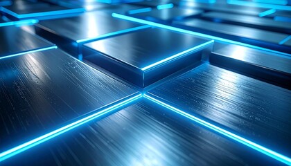 ブラッシュドチタンの滑らかな表面に、青い発光ラインが幾何学的に走る。
金属の質感と光の軌跡が融合し、精密で未来的なテクノロジー感を演出。
クールなインダストリアルトーンがAIや電子工学の世界観にマッチ。