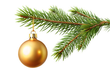 Single shimmering gold christmas ball ornament suspended from pine tree branch, evoking traditional holiday spirit and winter celebration