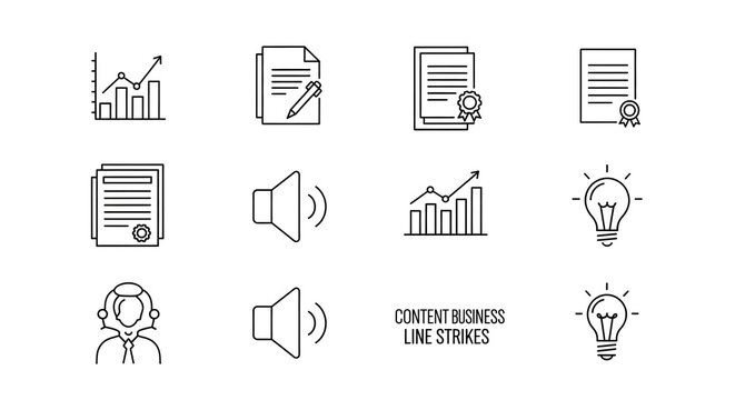 Business Icon Set: A comprehensive collection of meticulously crafted line icons representing core business concepts, including growth metrics, document management, audio elements.