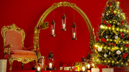 christmas tree on colored background with armchair throne