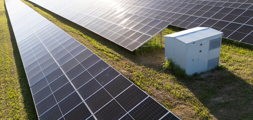 Aerial view of solar power station with energy storage