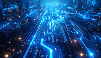 青い光が流れるメタリックな回路網が未来的なデータ世界を表現。
光のラインが情報の流れを象徴し、工業的でクールな印象を与える。
背景は暗く、青の輝きが強調されるサイバーテクノロジーの雰囲気。