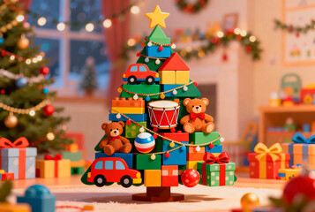 Christmas tree constructed from colorful children's toys, including blocks, cars, and teddy bears. Decorated with ornaments and a star on top.